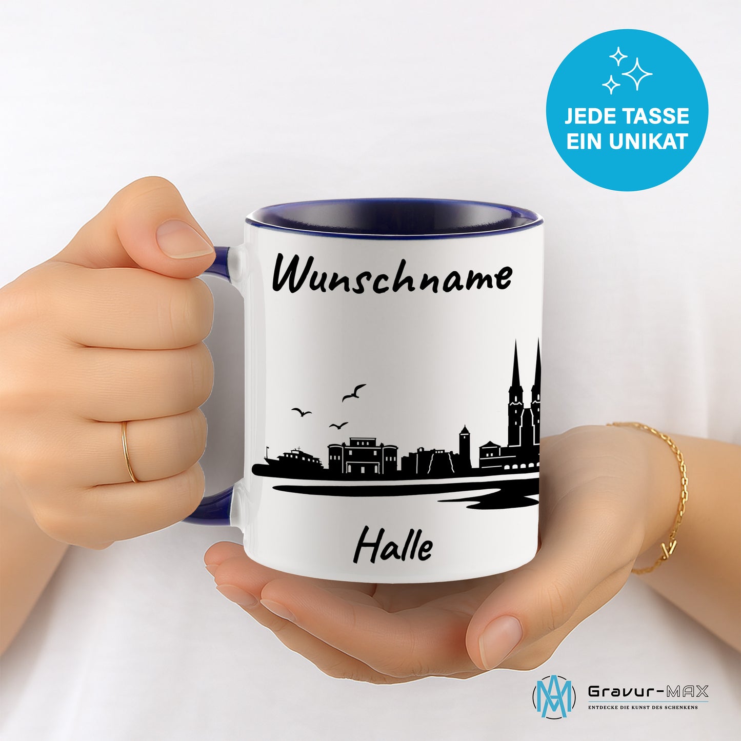 Tasse in Dunkelblau 330ml bedruckt mit der Skyline von Halle personalisierbar mit Wunschname