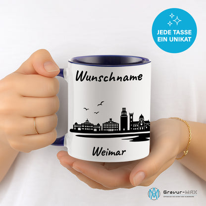 Tasse in Dunkelblau 330ml bedruckt mit der Skyline von Weimar personalisierbar mit Wunschname