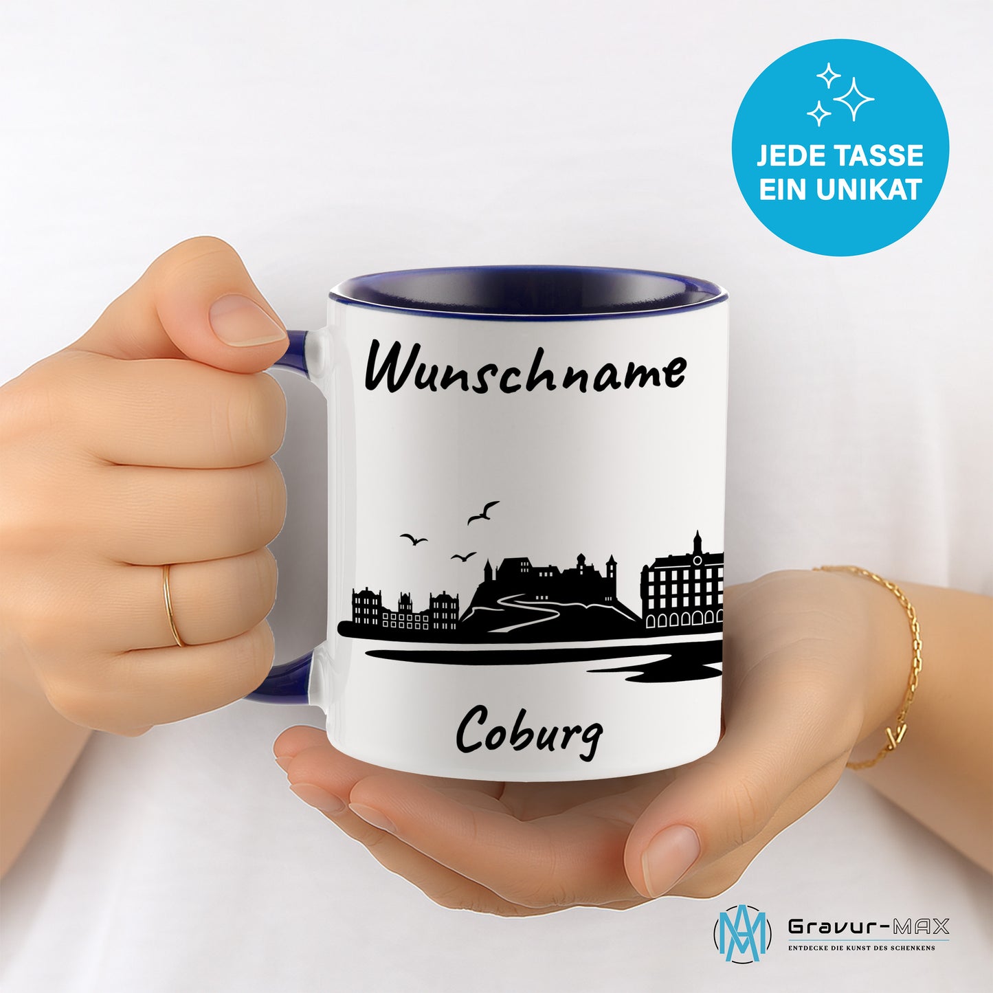 Tasse in Dunkelblau 330ml bedruckt mit der Skyline von Coburg personalisierbar mit Wunschname