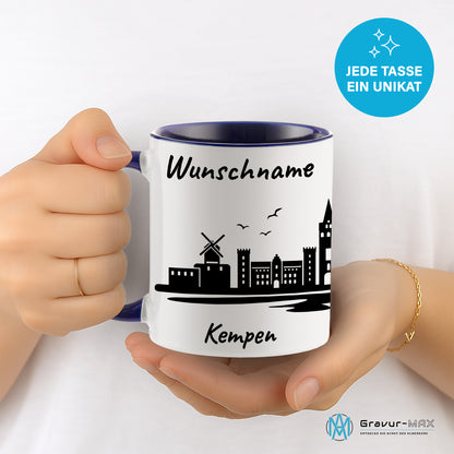 Tasse in Dunkelblau 330ml bedruckt mit der Skyline von Kempen personalisierbar mit Wunschname