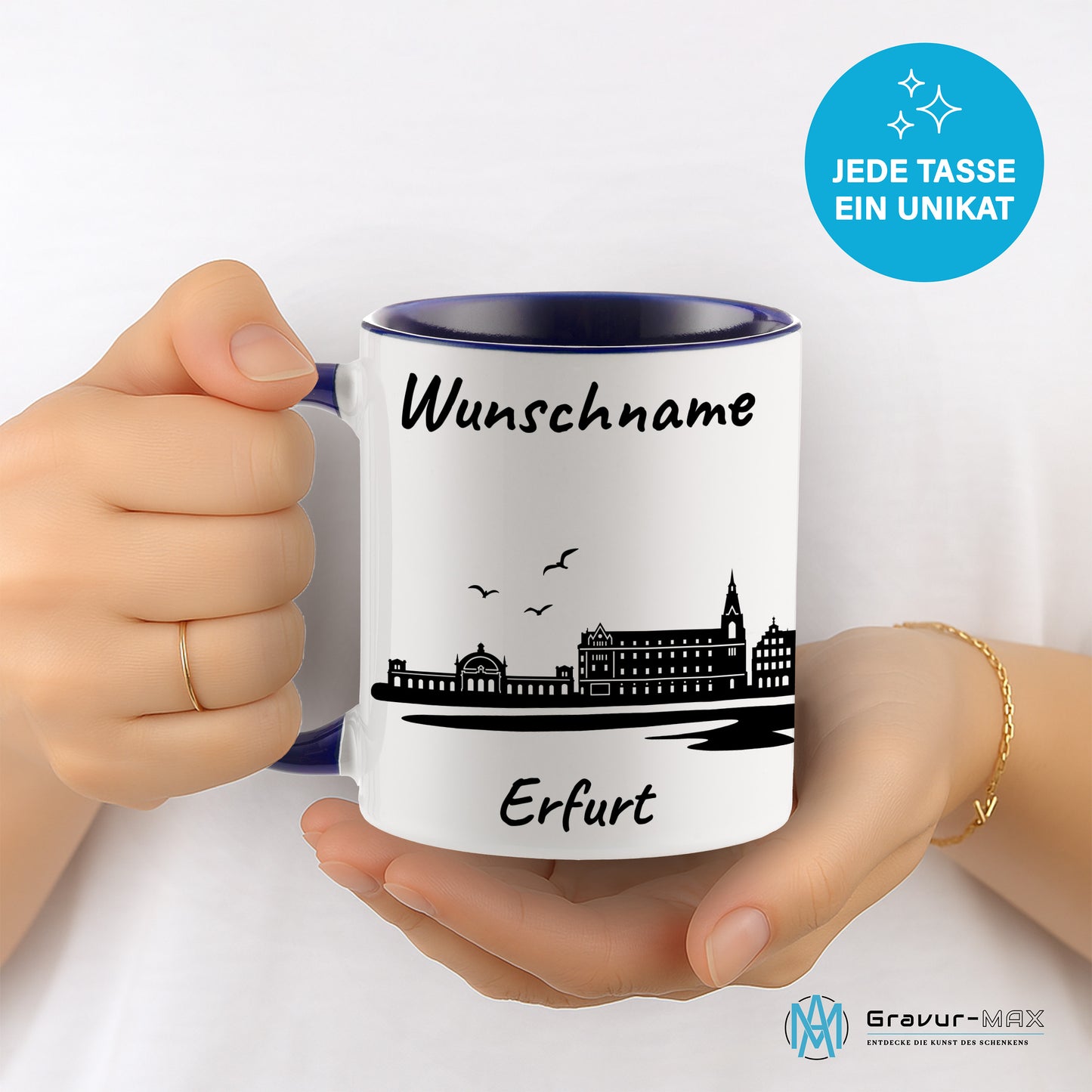 Tasse in Dunkelblau 330ml bedruckt mit der Skyline von Erfurt personalisierbar mit Wunschname