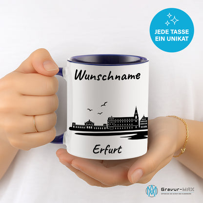 Tasse in Dunkelblau 330ml bedruckt mit der Skyline von Erfurt personalisierbar mit Wunschname