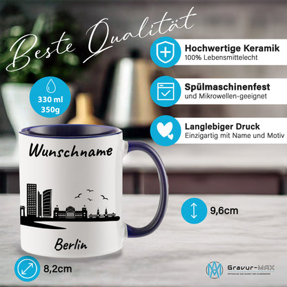 Tasse in Dunkelblau 330ml bedruckt mit der Skyline von Berlin personalisierbar mit Wunschname