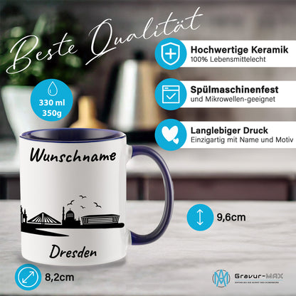 Tasse in Dunkelblau 330ml bedruckt mit der Skyline von Dresden personalisierbar mit Wunschname