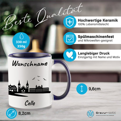 Tasse in Dunkelblau 330ml bedruckt mit der Skyline von Celle personalisierbar mit Wunschname