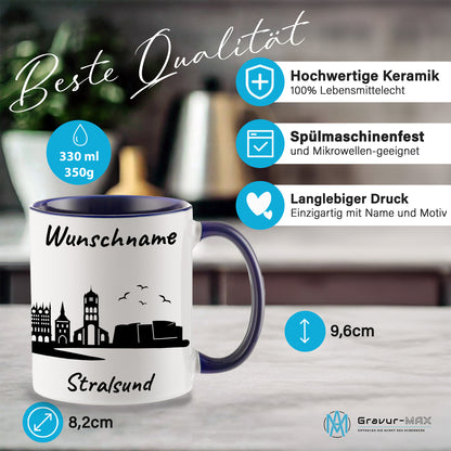 Tasse in Dunkelblau 330ml bedruckt mit der Skyline von Stralsund personalisierbar mit Wunschname