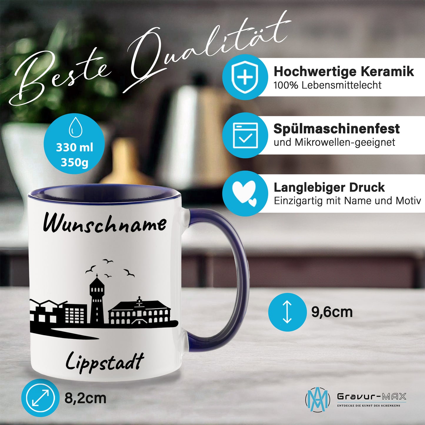 Tasse in Dunkelblau 330ml bedruckt mit der Skyline von Lippstadt personalisierbar mit Wunschname