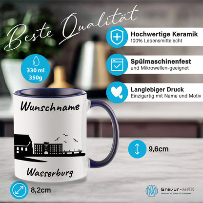 Tasse in Dunkelblau 330ml bedruckt mit der Skyline von Wasserburg personalisierbar mit Wunschname