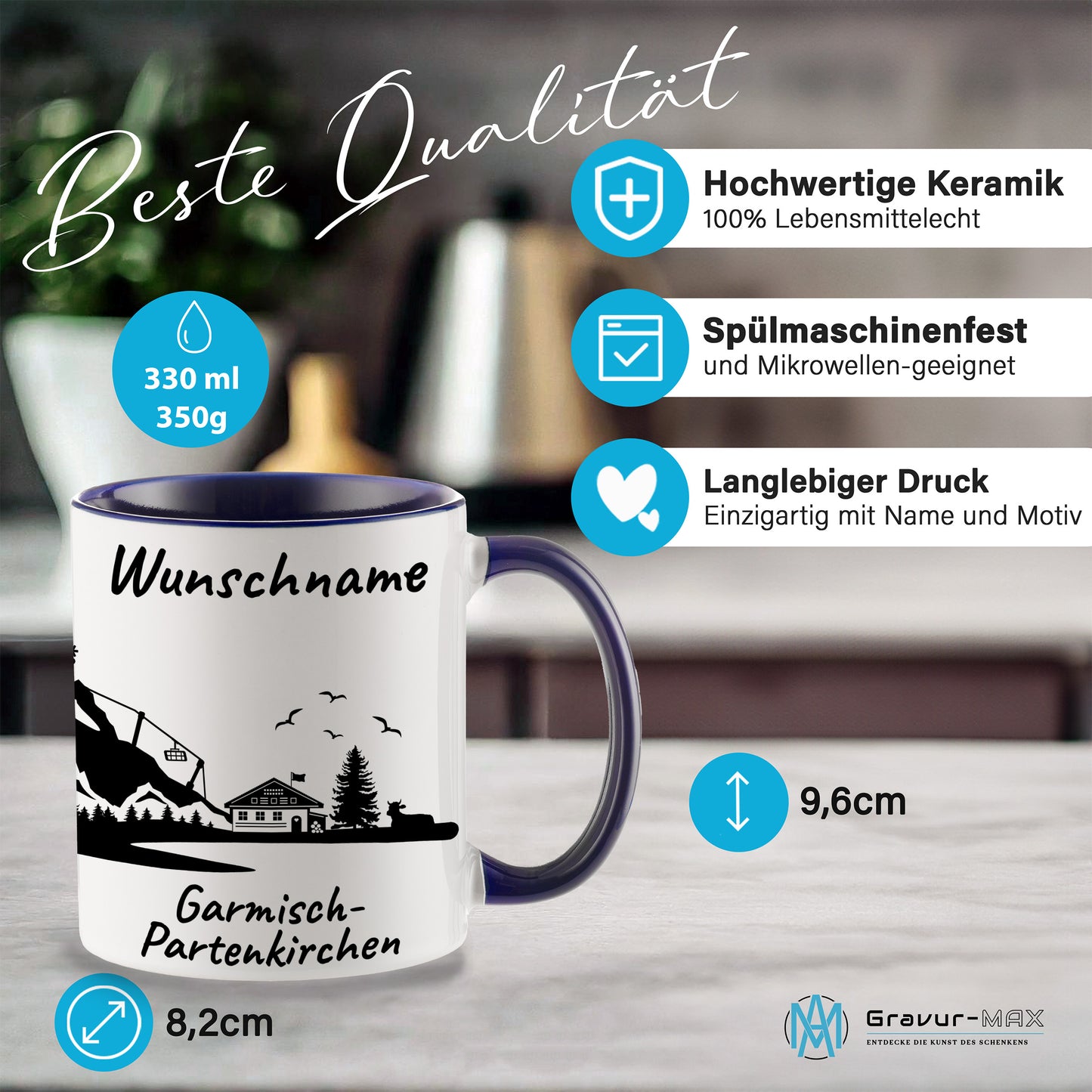 Tasse in Dunkelblau 330ml bedruckt mit der Skyline von Garmisch-Partenkirchen personalisierbar mit Wunschname