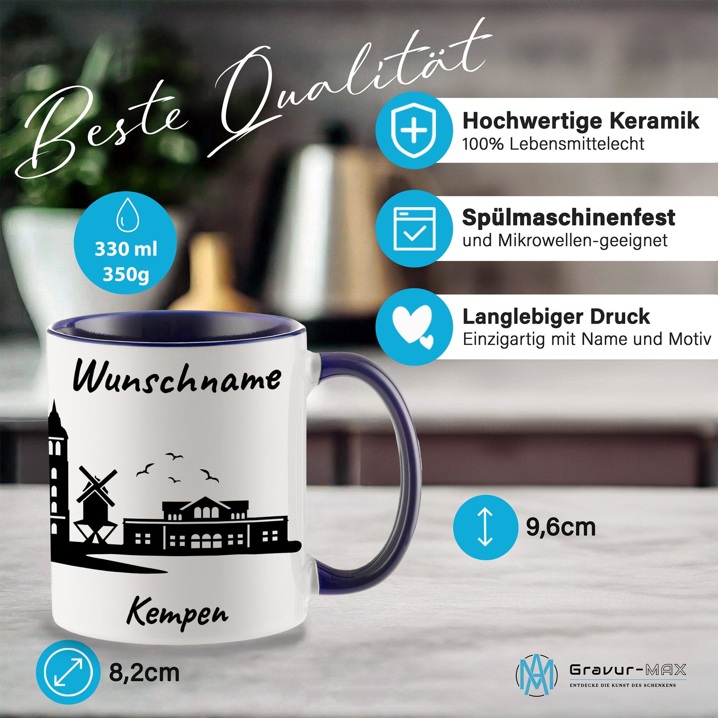 Tasse in Dunkelblau 330ml bedruckt mit der Skyline von Kempen personalisierbar mit Wunschname