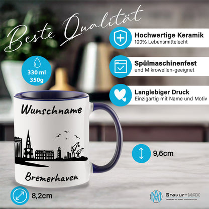 Tasse in Dunkelblau 330ml bedruckt mit der Skyline von Bremerhaven personalisierbar mit Wunschname