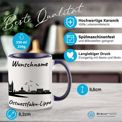 Tasse in Dunkelblau 330ml bedruckt mit der Skyline von Ostwestfalen-Lippe personalisierbar mit Wunschname