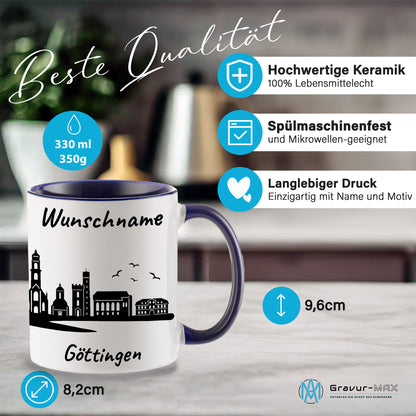 Tasse in Dunkelblau 330ml bedruckt mit der Skyline von Göttingen personalisierbar mit Wunschname