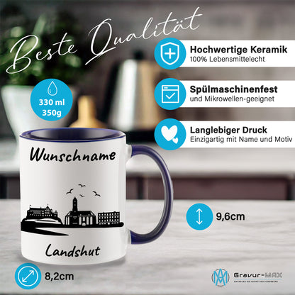 Tasse in Dunkelblau 330ml bedruckt mit der Skyline von Landshut personalisierbar mit Wunschname