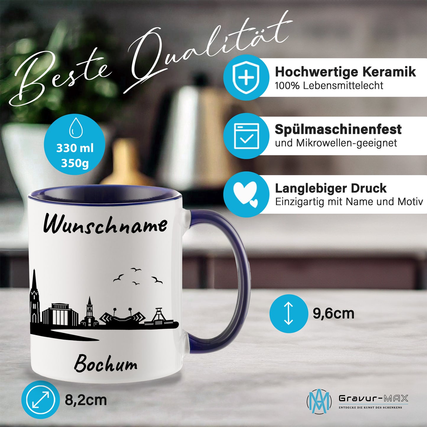 Tasse in Dunkelblau 330ml bedruckt mit der Skyline von Bochum personalisierbar mit Wunschname