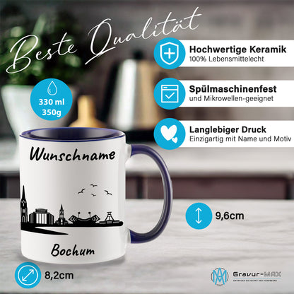 Tasse in Dunkelblau 330ml bedruckt mit der Skyline von Bochum personalisierbar mit Wunschname