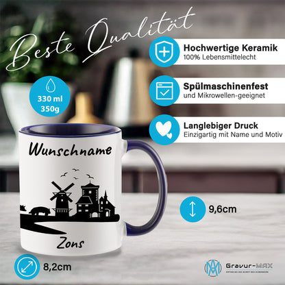 Tasse in Dunkelblau 330ml bedruckt mit der Skyline von Zons (Dormagen) personalisierbar mit Wunschname