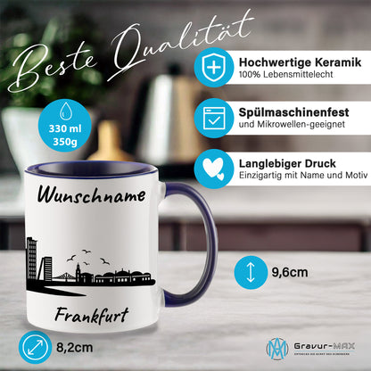 Tasse in Dunkelblau 330ml bedruckt mit der Skyline von Frankfurt personalisierbar mit Wunschname