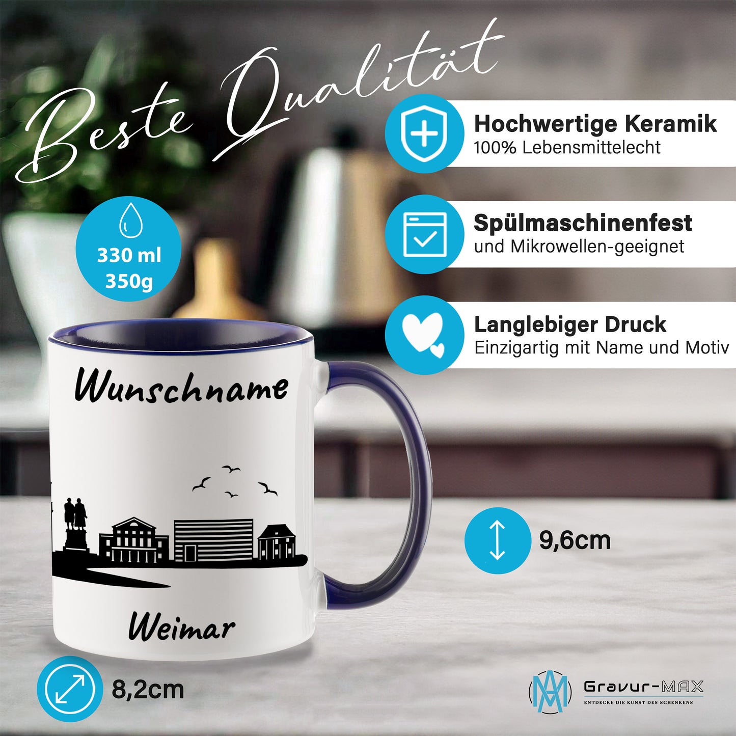 Tasse in Dunkelblau 330ml bedruckt mit der Skyline von Weimar personalisierbar mit Wunschname