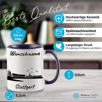 Tasse in Dunkelblau 330ml bedruckt mit der Skyline von Stuttgart personalisierbar mit Wunschname