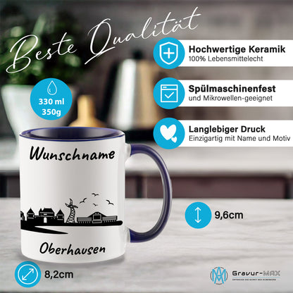 Tasse in Dunkelblau 330ml bedruckt mit der Skyline von Oberhausen personalisierbar mit Wunschname