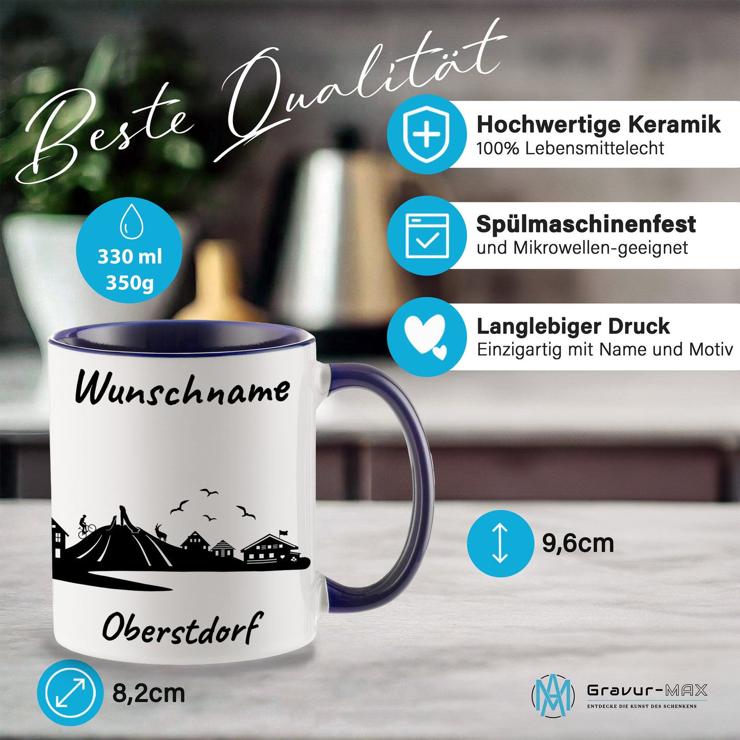 Tasse in Dunkelblau 330ml bedruckt mit der Skyline von Oberstdorf personalisierbar mit Wunschname