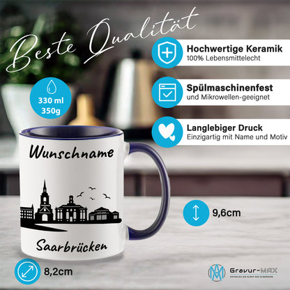 Tasse in Dunkelblau 330ml bedruckt mit der Skyline von Saarbrücken personalisierbar mit Wunschname