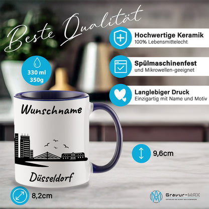 Tasse in Dunkelblau 330ml bedruckt mit der Skyline von Düsseldorf personalisierbar mit Wunschname