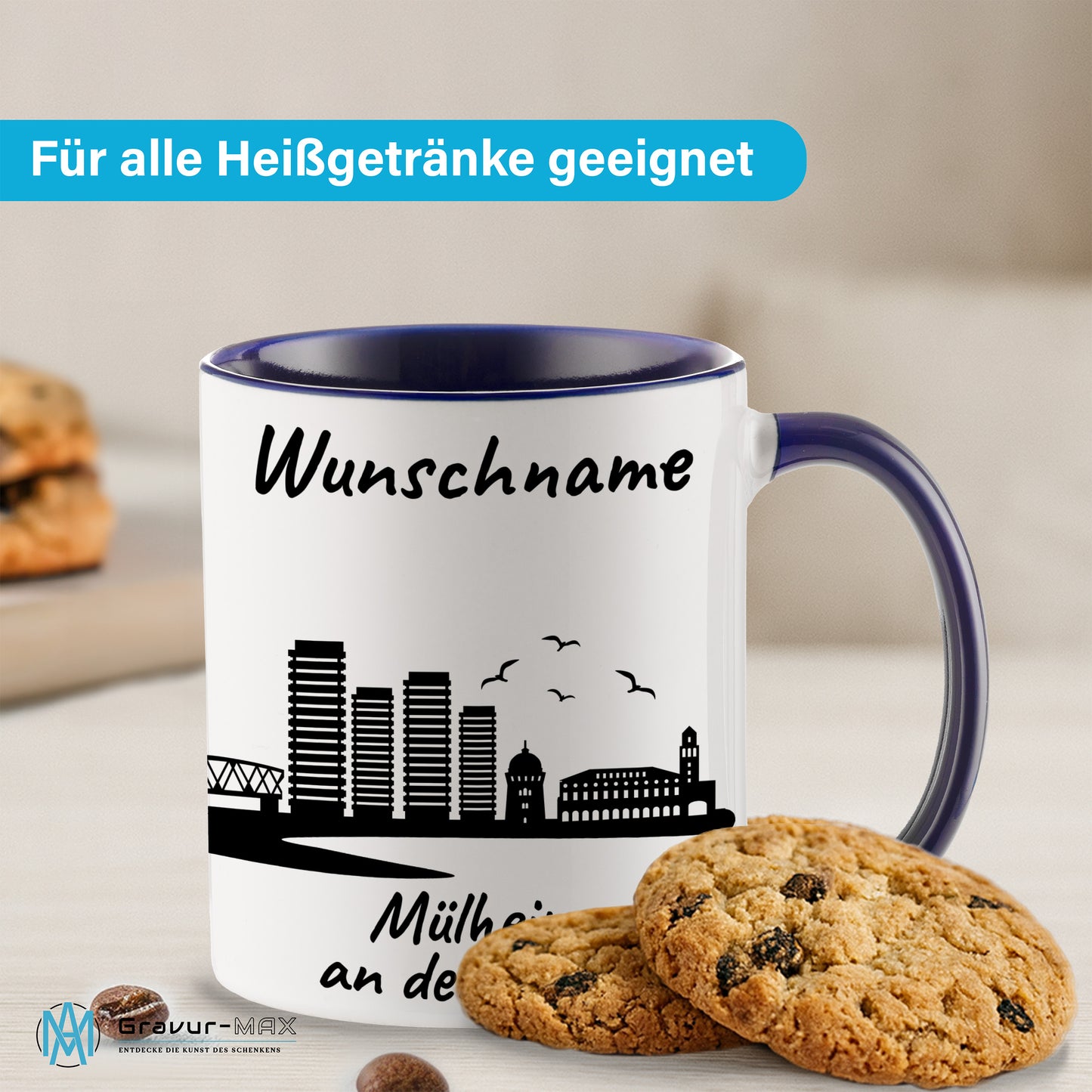 Tasse in Dunkelblau 330ml bedruckt mit der Skyline von Mülheim an der Ruhr personalisierbar mit Wunschname