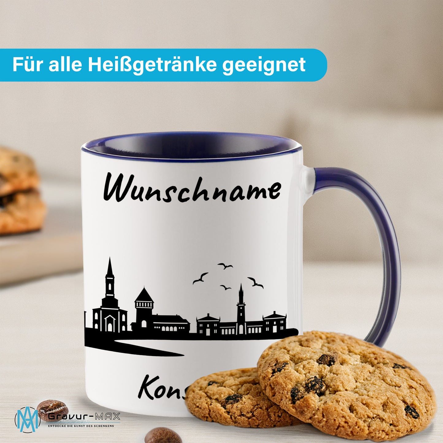 Tasse in Dunkelblau 330ml bedruckt mit der Skyline von Konstanz personalisierbar mit Wunschname