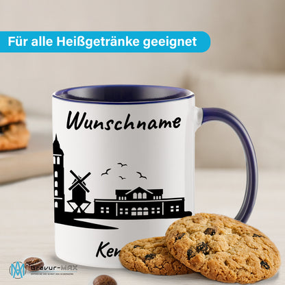 Tasse in Dunkelblau 330ml bedruckt mit der Skyline von Kempen personalisierbar mit Wunschname