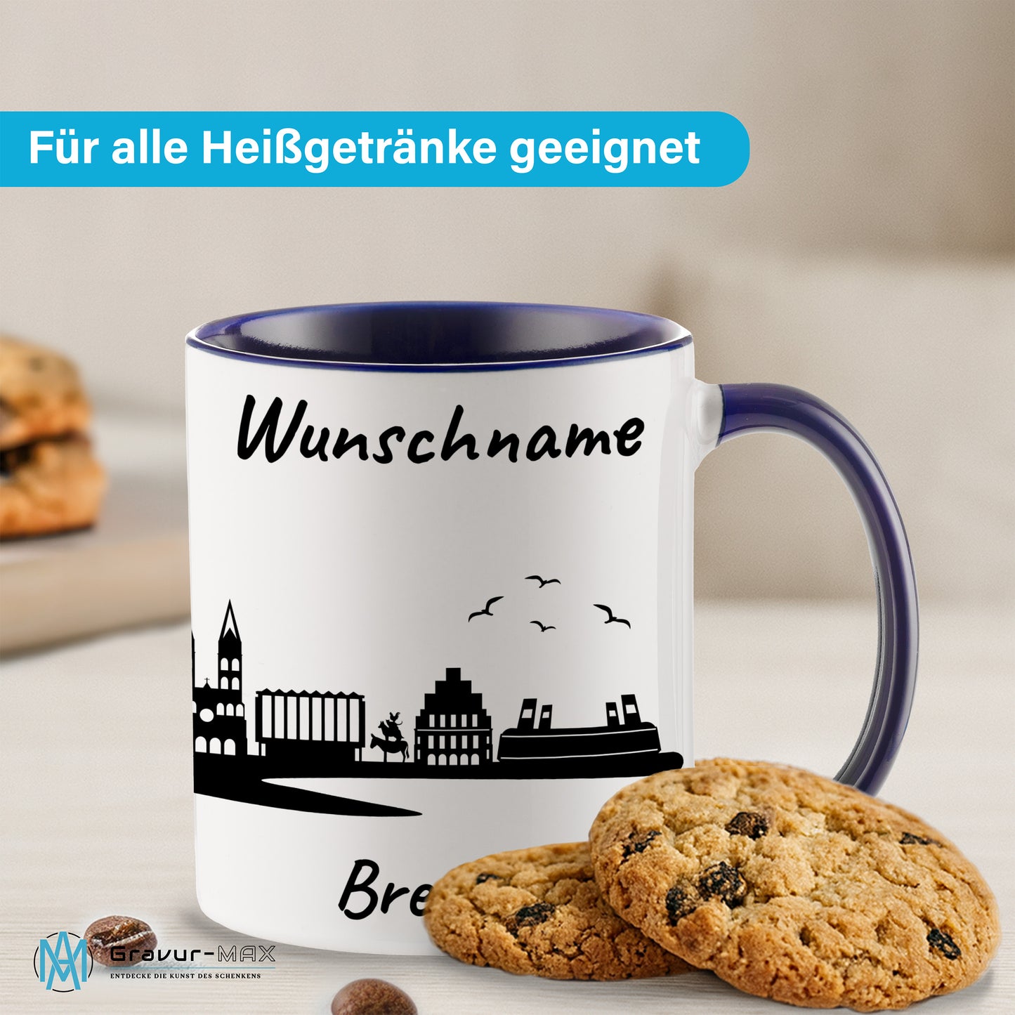 Tasse in Dunkelblau 330ml bedruckt mit der Skyline von Bremen personalisierbar mit Wunschname