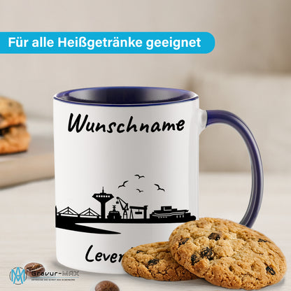 Tasse in Dunkelblau 330ml bedruckt mit der Skyline von Leverkusen personalisierbar mit Wunschname