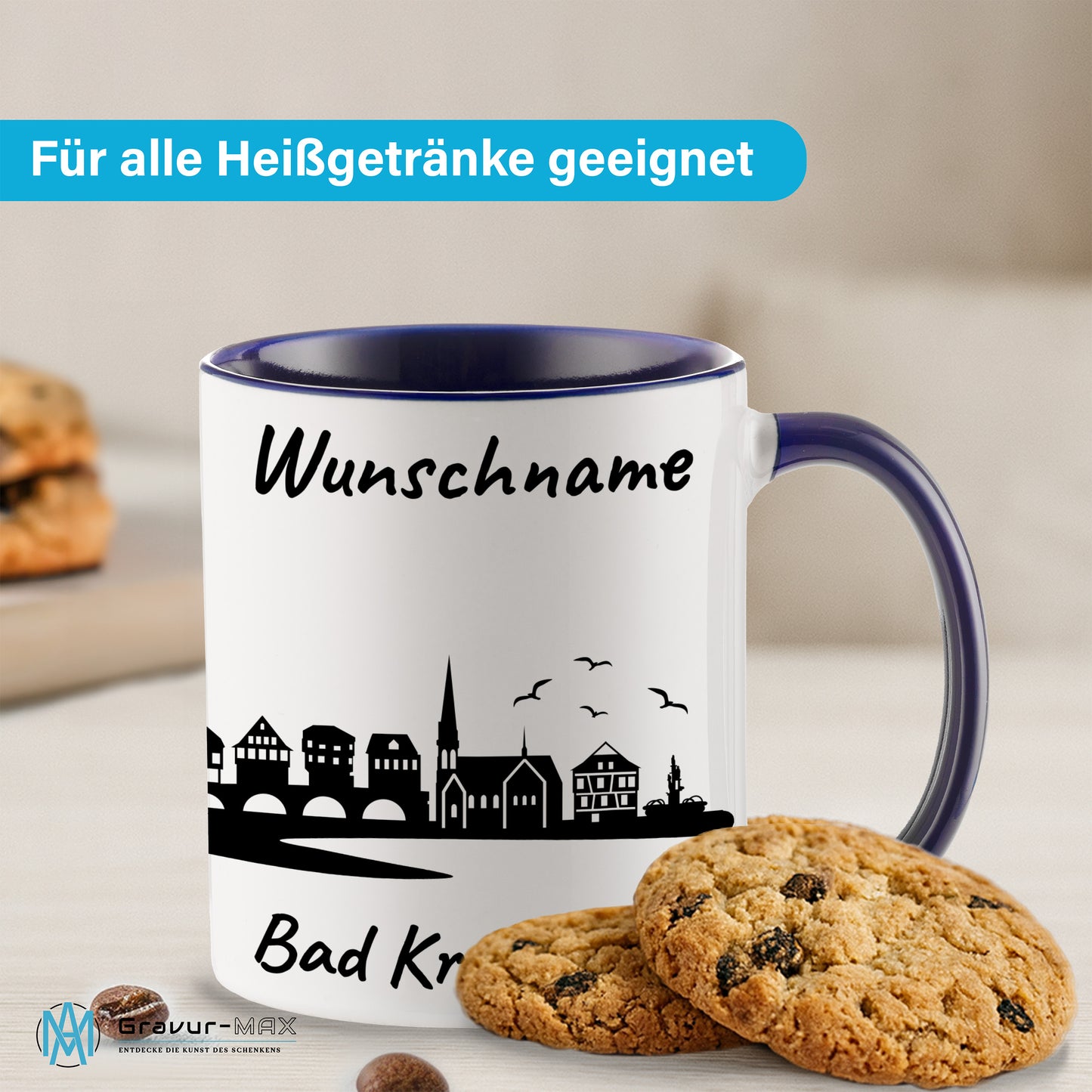 Tasse in Dunkelblau 330ml bedruckt mit der Skyline von Bad Kreuznach personalisierbar mit Wunschname