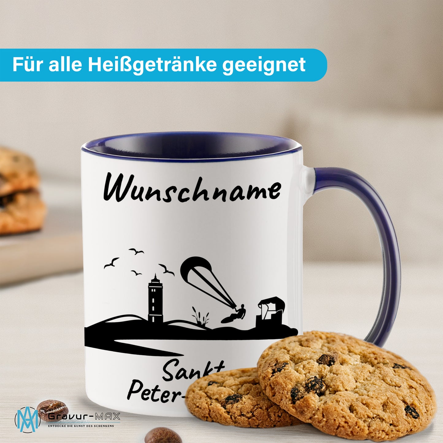 Tasse in Dunkelblau 330ml bedruckt mit der Skyline von Sankt Peter-Ording personalisierbar mit Wunschname