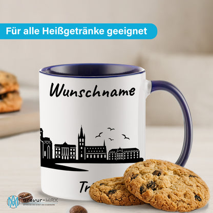 Tasse in Dunkelblau 330ml bedruckt mit der Skyline von Trier personalisierbar mit Wunschname