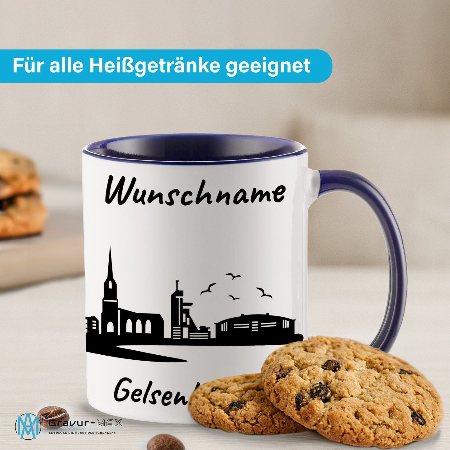 Tasse in Dunkelblau 330ml bedruckt mit der Skyline von Gelsenkirchen personalisierbar mit Wunschname