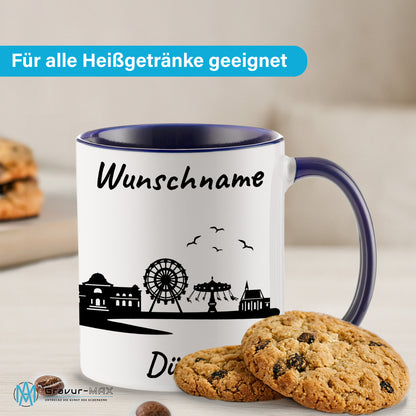 Tasse in Dunkelblau 330ml bedruckt mit der Skyline von Düren personalisierbar mit Wunschname