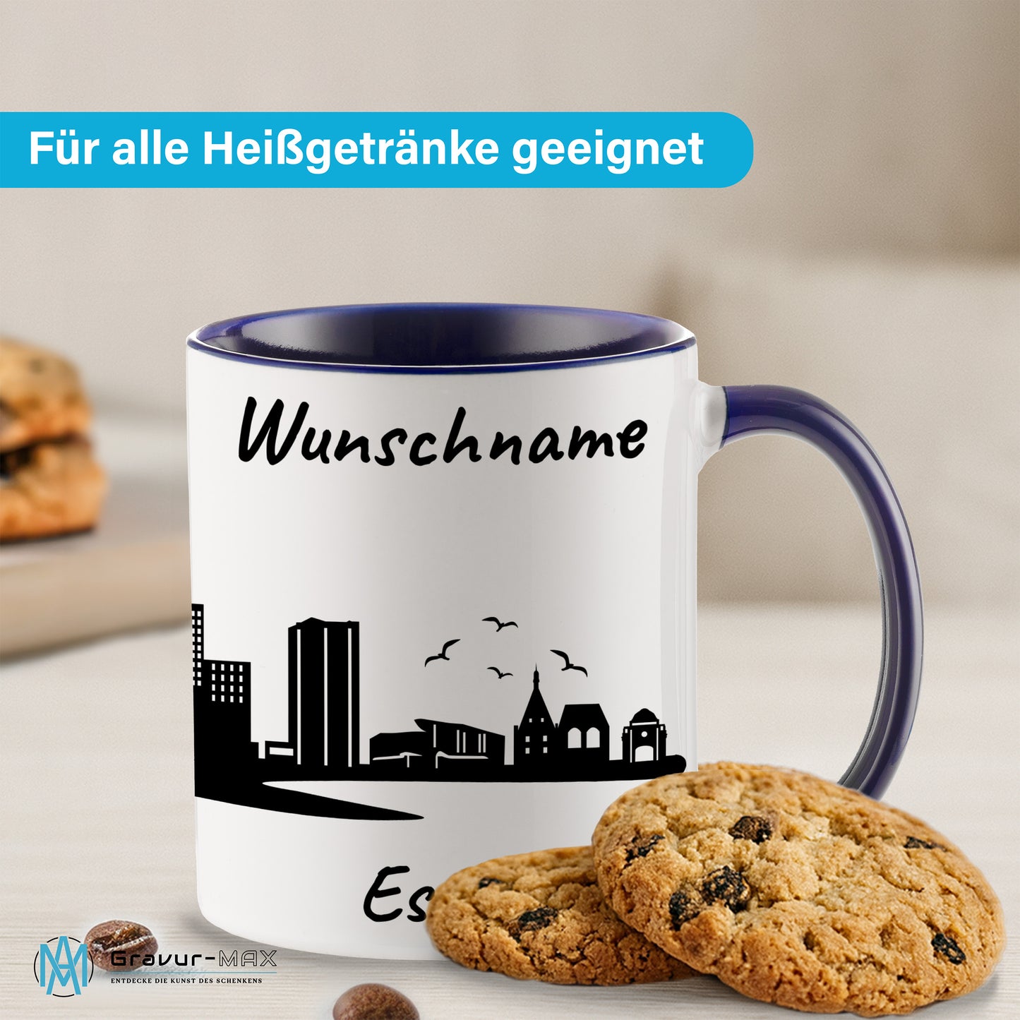 Tasse in Dunkelblau 330ml bedruckt mit der Skyline von Essen personalisierbar mit Wunschname
