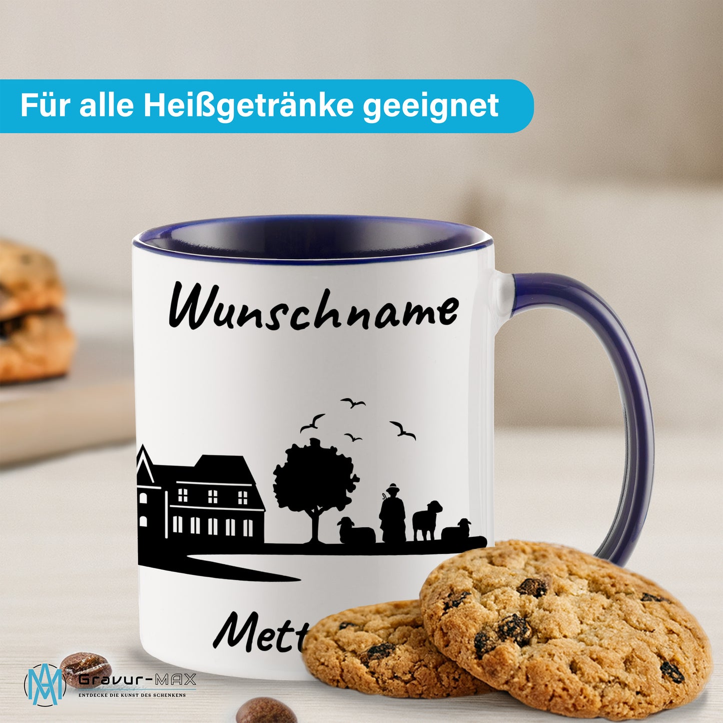 Tasse in Dunkelblau 330ml bedruckt mit der Skyline von Mettmann personalisierbar mit Wunschname