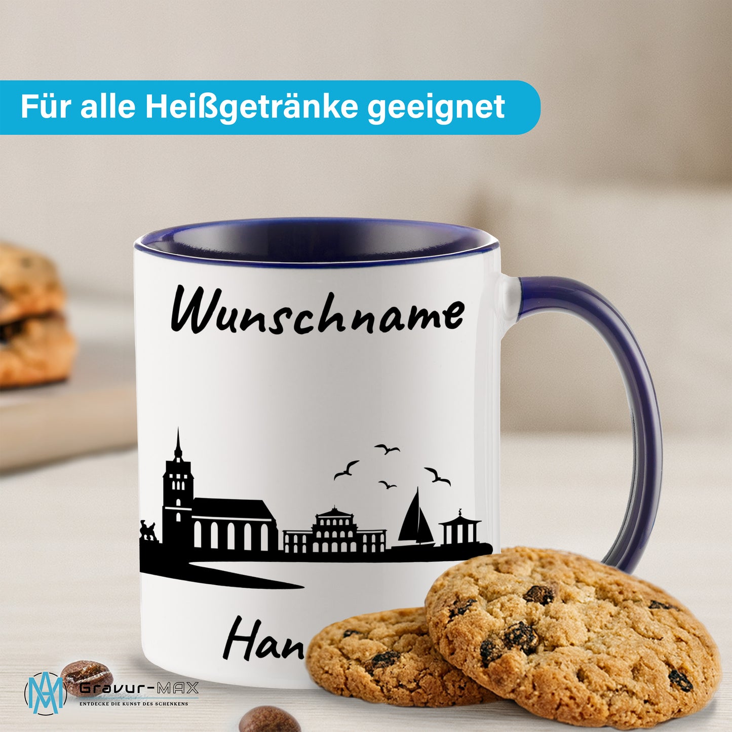 Tasse in Dunkelblau 330ml bedruckt mit der Skyline von Hannover personalisierbar mit Wunschname