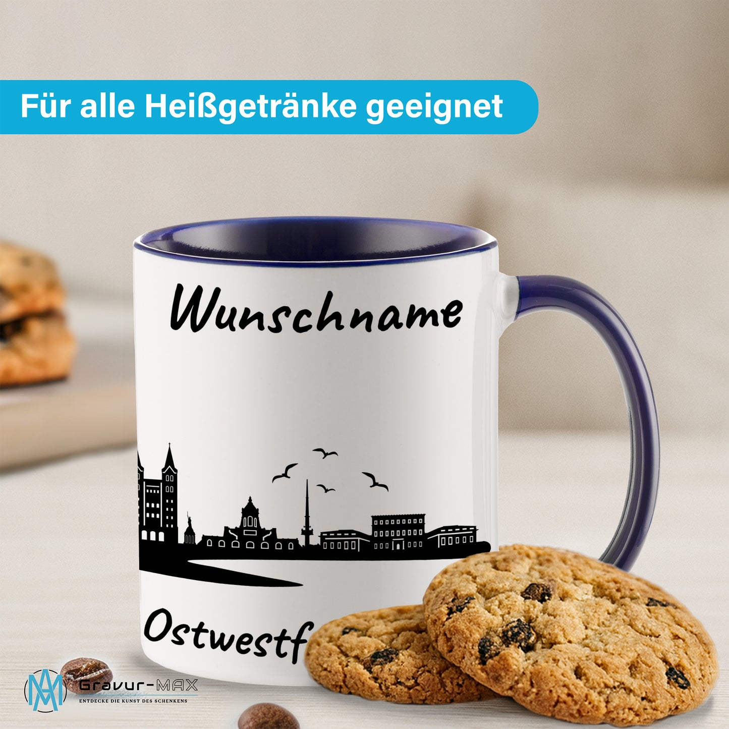Tasse in Dunkelblau 330ml bedruckt mit der Skyline von Ostwestfalen-Lippe personalisierbar mit Wunschname