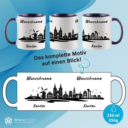 Tasse in Dunkelblau 330ml bedruckt mit der Skyline von Xanten personalisierbar mit Wunschname