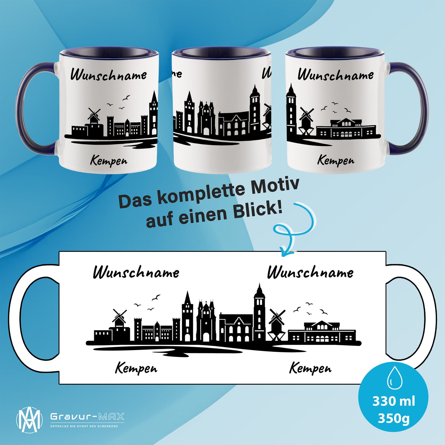 Tasse in Dunkelblau 330ml bedruckt mit der Skyline von Kempen personalisierbar mit Wunschname