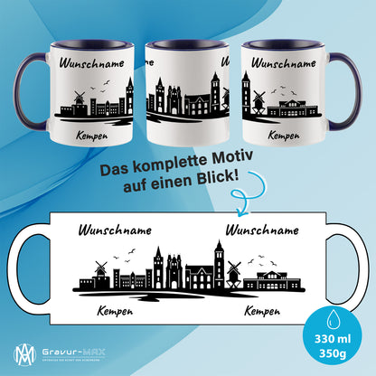 Tasse in Dunkelblau 330ml bedruckt mit der Skyline von Kempen personalisierbar mit Wunschname