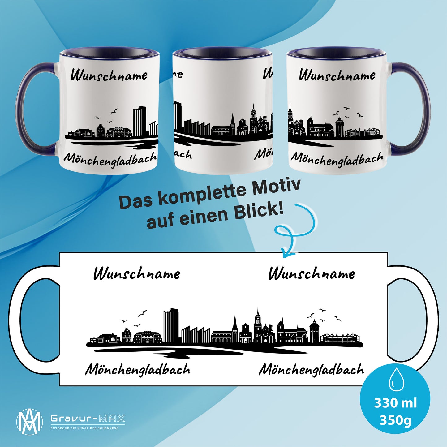 Tasse in Dunkelblau 330ml bedruckt mit der Skyline von Mönchengladbach personalisierbar mit Wunschname