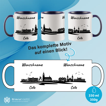 Tasse in Dunkelblau 330ml bedruckt mit der Skyline von Celle personalisierbar mit Wunschname