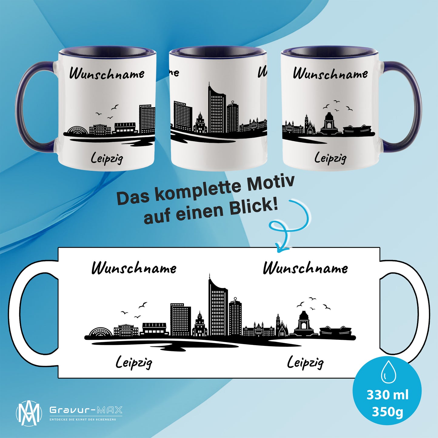 Tasse in Dunkelblau 330ml bedruckt mit der Skyline von Leipzig personalisierbar mit Wunschname