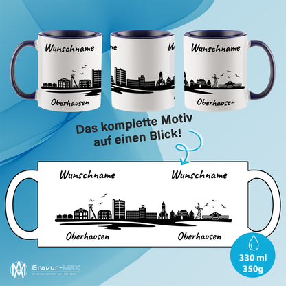Tasse in Dunkelblau 330ml bedruckt mit der Skyline von Oberhausen personalisierbar mit Wunschname