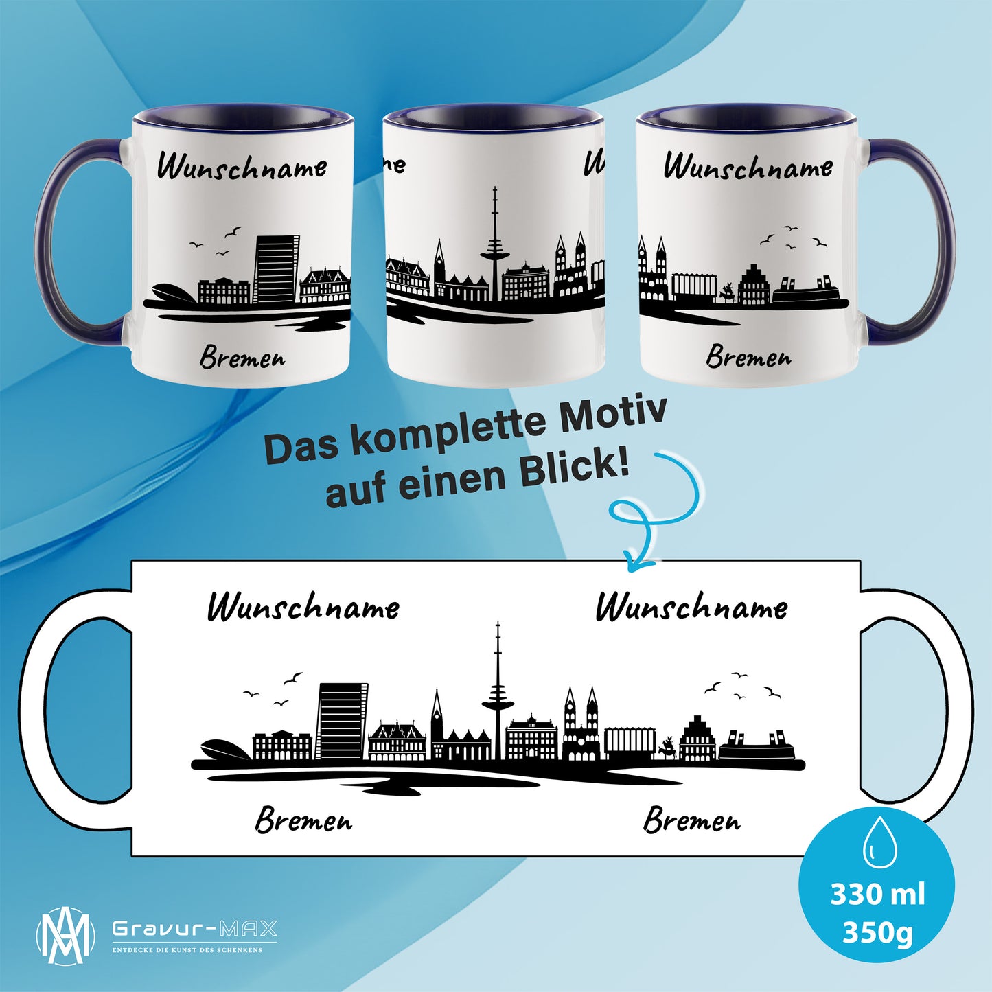 Tasse in Dunkelblau 330ml bedruckt mit der Skyline von Bremen personalisierbar mit Wunschname